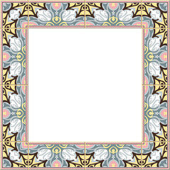 Antique square tile frame botanic garden vintage pattern kaleidoscope curve cross plant