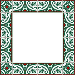 Antique square tile frame botanic garden vintage pattern green cross plant