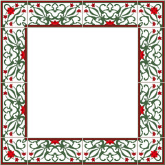 Antique square tile frame botanic garden vintage pattern red flower curve cross vine