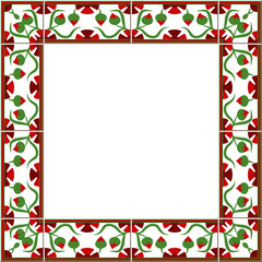 Fototapeta na wymiar Antique square tile frame botanic garden vintage pattern red flower