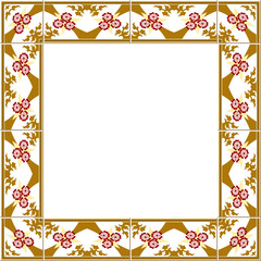 Antique square tile frame botanic garden vintage pattern pink flower