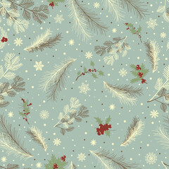 Seamless pattern with  fir branches and red berries - 560108889