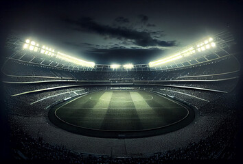 Fototapeta na wymiar Football stadium with illumination and green grass. Soccer arena and night sky. Generative AI Art.
