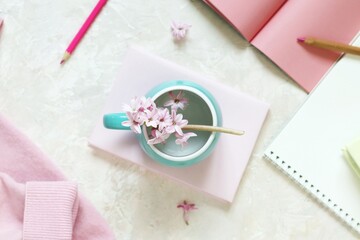 Books and notebooks, pink hyacinth flowers, cashmere pink sweater, a cup of water on a light background, romantic mood concept, love emotion