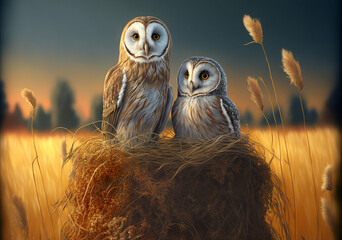 Two owls sitting on top of a pile of hay, Generative AI