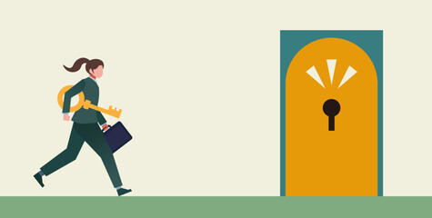 Naklejka premium 鍵を持ち走る会社員 女性 扉 スーツ 人物フラットイラスト