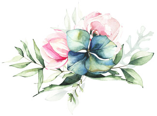 Fototapeta Bouquet with green leaves, blue hydrangea flowers, pink rose and lotus. Watercolor painted floral arrangement. Cut out hand drawn PNG illustration on transparent background. Isolated clipart drawing. obraz