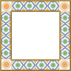 Antique square tile frame botanic garden vintage pattern orange and green daisy flower