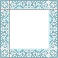 Antique square tile frame botanic garden vintage pattern elegant blue flower kaleidoscope