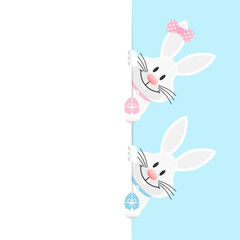Fototapeta premium Weiße Osterhasen Mädchen & Junge Ostereier Übereinander Banner Vertikal Himmel