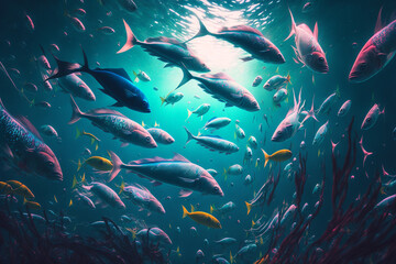 Fototapeta na wymiar A large group of fish swimming in the ocean, Generative AI