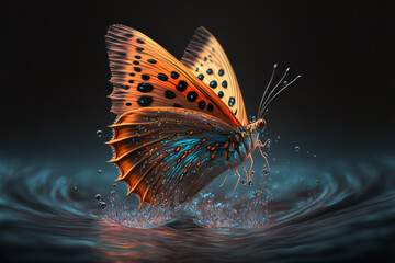 Fototapeta na wymiar A butterfly in water on a black background, Generative AI