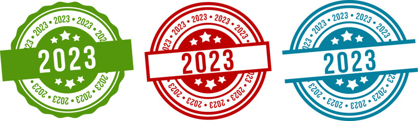 2023 stamp badge. round grunge isolated sign. 2023 label set.