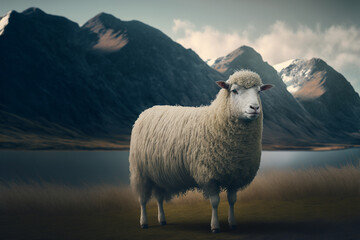Obraz premium A sheep standing in a field with a mountain in the background, Generative AI