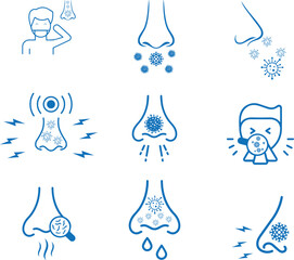 Nose infection icon set, cold disease icon set blue vector