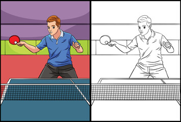 Table Tennis Coloring Page Colored Illustration - obrazy, fototapety, plakaty