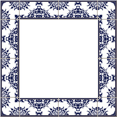 Antique square tile frame botanic garden vintage pattern blue spiral curve cross kaleidoscope