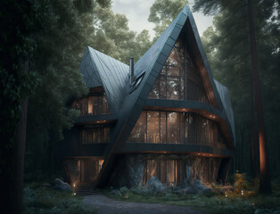 An artistic rendering of a house in the woods, Generative AI
