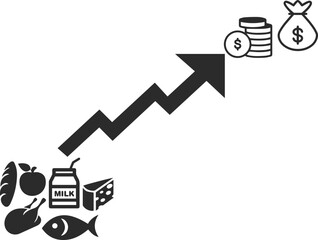 Rising price for food icon, food price hike icon black vector