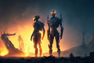 Naklejka na ściany i meble A couple of aliens standing next to each other, Generative AI
