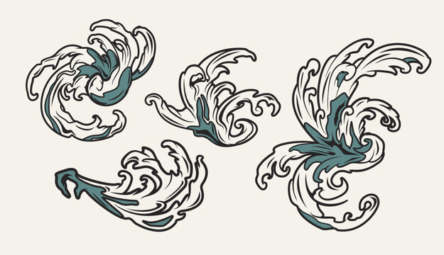Set of vector illustration waves in traditoinal Japane style.