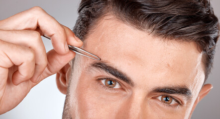Man, eyebrow tweezers and eyes portrait for hair removal, skincare beauty and grooming wellness or...