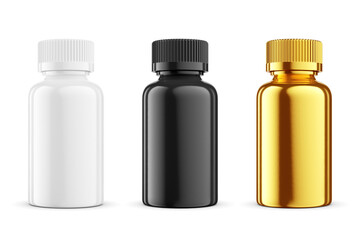 White, black, gold medicine bottles mockup template isolated on white. 3D rendering.