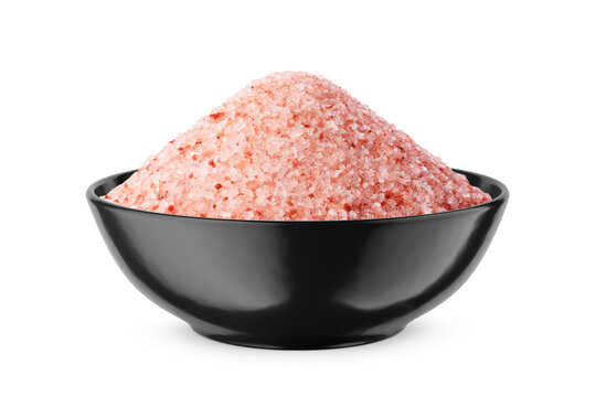 Pink Himalayan fine salt in black bowl isolated on white. Side view. - Powered by Adobe