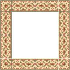 Antique square tile frame botanic garden vintage pattern flower spiral leaf vine