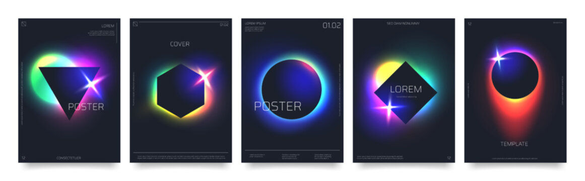 Abstract futuristic posters with neon eclipse effect, modern sci-fi&nbsp;print with vivid gradient form on black background. Cyberpunk aesthetic cover with geometric frame, space poster vector template set