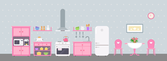 Pink kitchen with utensils, kitchen appliances and dining table. Doll house interior concept. Cartoon flat style. Vector illustration
