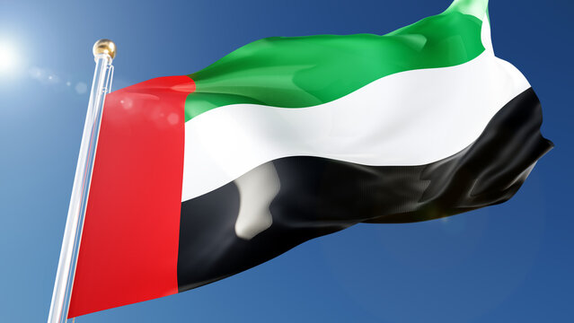 uae flag waving in the wind against a blue sky. united arab emirates national symbol on flagpole, 3d rendering