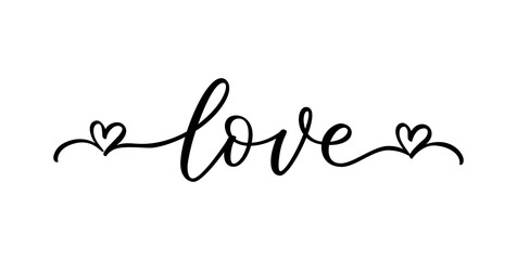 LOVE word with hearts hand drawn lettering. Script love text. Vector illustration. Design for print on shirt, poster, banner. Text with hearts on white background. Lovely print for tee shirt