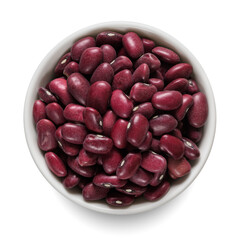 Red kidney beans in white bowl isolated on white. Top view.