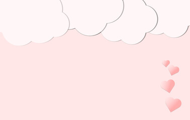 Valentines day banner. Red hearts balloons on flying over clouds with pink background. Greeting card. 