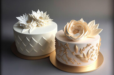 White and golden wedding cakes. Generative AI