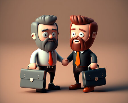 3D illustration of business handshake. Cute cartoon smiling man with laptop and bearded businessman with briefcase standing and shaking hands. Successful agreement, deal concept. (ai generated)