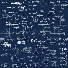Molecular physical equations and formulas on school board Vector hand drawn illustration. Science and education background. Maths seamless pattern. Tile for endless background