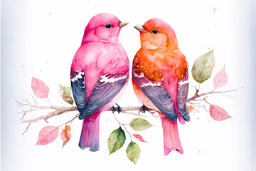 Bird couple on a tree branch. Romantic watercolor-style illustration in pink and orange colors.