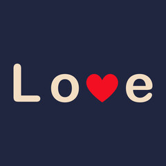 Love word with red heart. Letters on dark blue, navy background. Banner, poster, greeting card. Vector illustration.