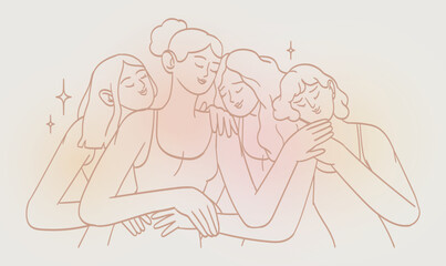 8 march, International Women's Day. Vector templates for card, poster, flyer and social media design. Women stand together and support each other in line art or oultine style. Feamles hug portrait.