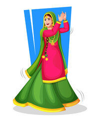 Obraz na płótnie Canvas A Punjabi Giddha dancer in national cloth performing a folk dance step with hand gestures. vector illustration isolated on white. Playing lohri dance. Illustrations of excited happy Girl.