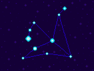 Fototapeta na wymiar Aquila constellation in pixel art style. 8-bit stars in the night sky in retro video game style. Cluster of stars and galaxies. Design for applications, banners and posters. Vector illustration