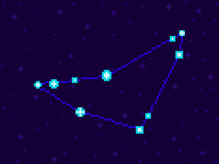 Fototapeta na wymiar Capricornus constellation in pixel art style. 8-bit stars in the night sky in retro video game style. Cluster of stars and galaxies. Design for applications, banners and posters. Vector illustration