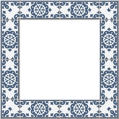 Antique square tile frame botanic garden vintage pattern blue round flower