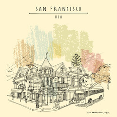 Vector San Francisco, California, USA vintage hand drawn postcard or poster. Trolleybus on the route in the streets of the old town