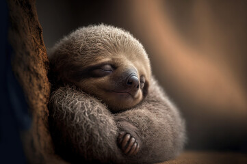 Cute sloth sleeping in a tree. Depth of field. Generative AI