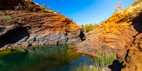 a panorama of hamersley gorge in karijini national park, western australia; a lush red canyon in the desert with red sand and rocks; an oasis in the australian outback