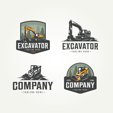 set of machine construction logo template vector illustration design. heavy equipment skid steer and excavator machine badge logo concept