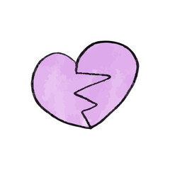 Vector Cute lilac hand drawn watercolor heart broken in half.